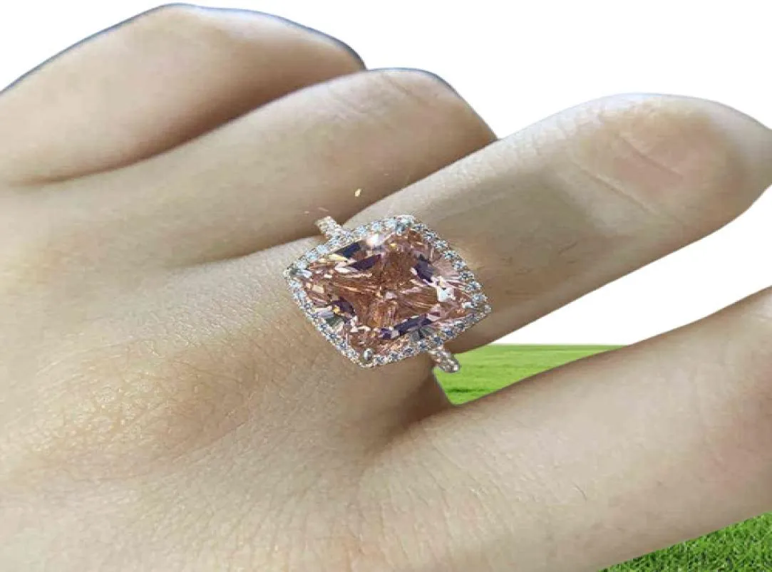 ELSIEUNEE 18K Rose Gold Color Morganite Diamond Rings For Women Solid 925 Sterling Silver Wedding Ring Fashion Fine Jewelry Gift 26455198
