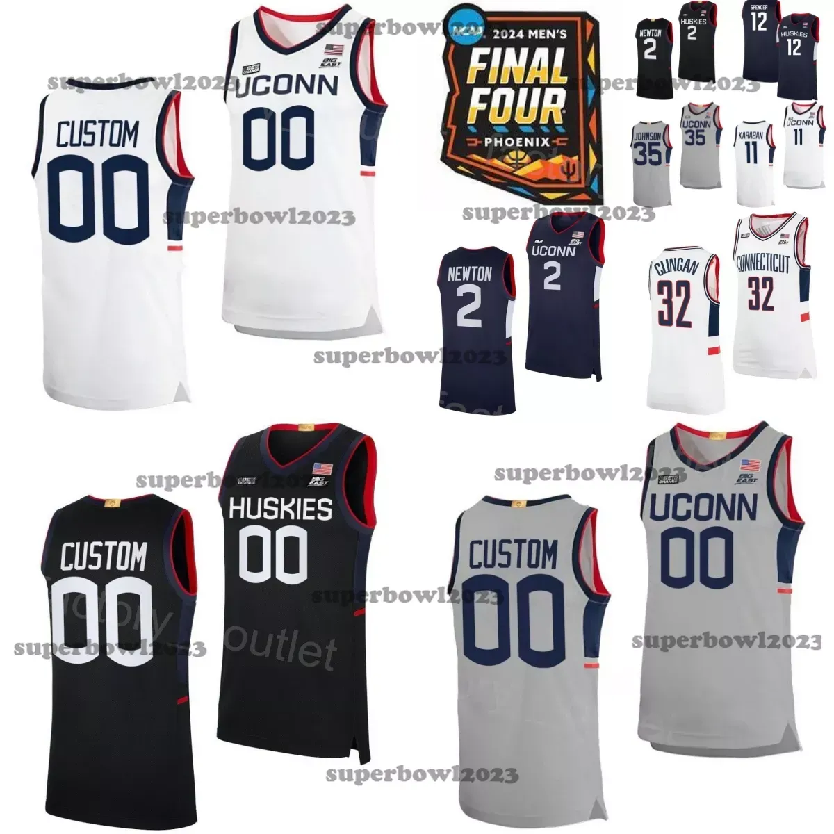 UConn Huskies 2024 Finale vier college basketbal 32 Donovan Clingan Jersey 12 Cam Spencer 35 Samson Johnson 11 Alex Karaban 2 Tristen Newton 5 Stephon Castle Shirt