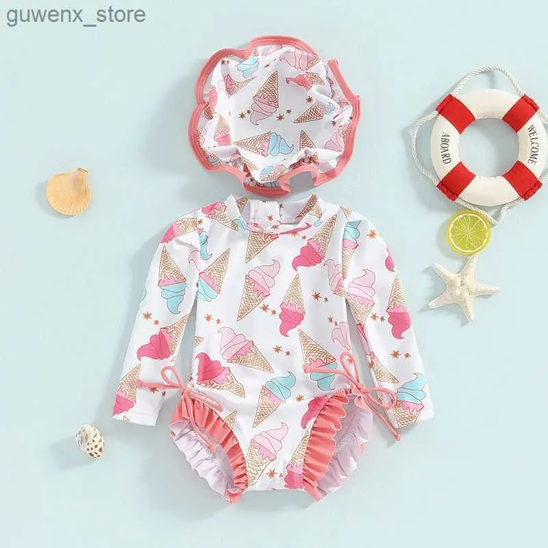 Endelar 0-24m Baby Girl Rash Guard Swimsuit Långärmad blommig/istryck baddräkt Spädbarn Badkläder med Sun Hat Y240412