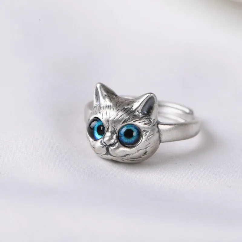 Head Cat Kitten S925 Silver Plated Rings Retro Design Cute Small Animal Open Ring Children240412