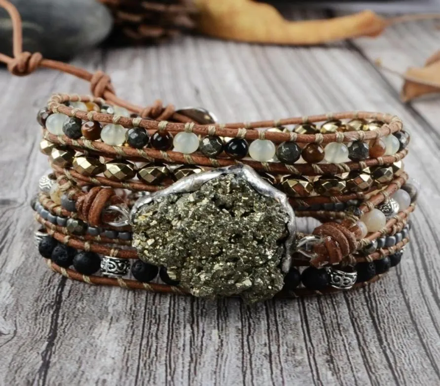 Raw Pyrite Boho Bracelet Mixed Natural Stones 5 Strands Wrap Bracelets Handmade Pyrite Charm Leather Bracelet Women Bracelets CX203272205