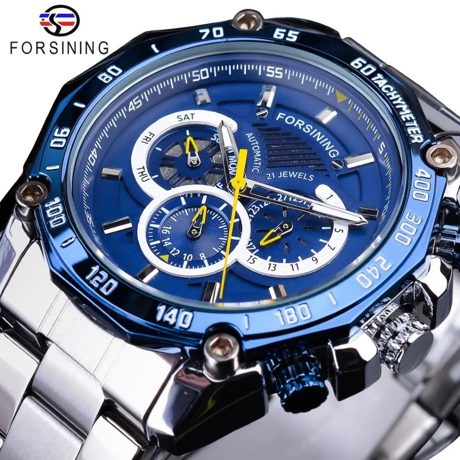 Forsining 2019 Novo Design Azul Calendário Completo 3 Dial Small Dial Silver Aço inoxidável Relógios mecânicos automáticos para homens Clock265W