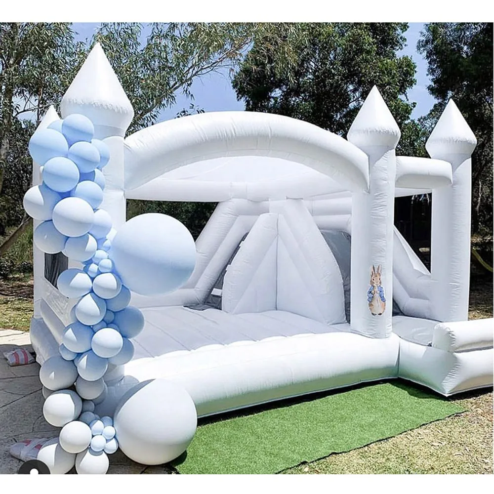 4,5x4.5m (15x15ft) com o castelo inflável inflável de ventilador com slide combo combo de rejeição de casamentos para crianças quintal jogo ao ar livre de luxo