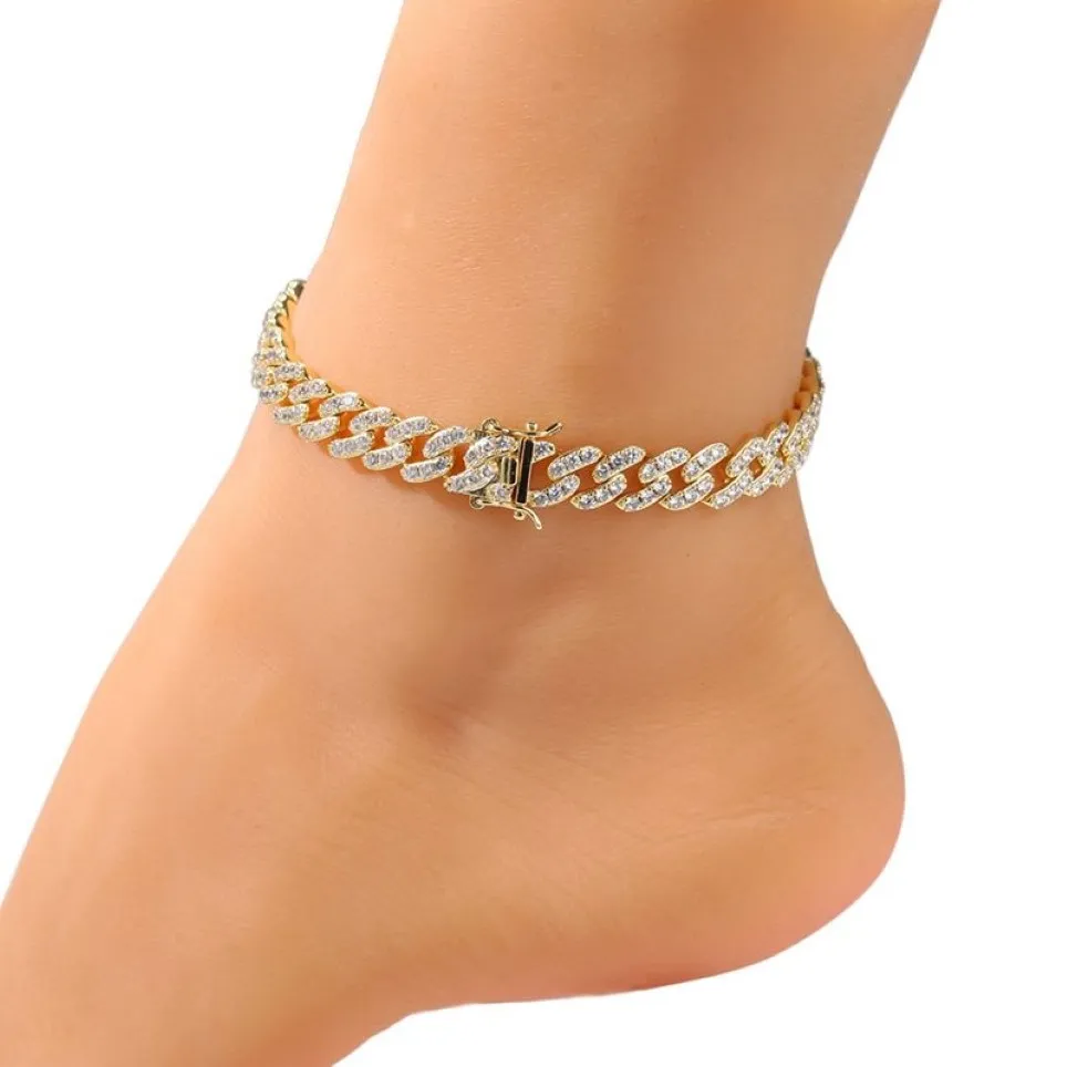 Womens Anklets Bracelet Iced Out Cuban Link Anklets Bracelets Gold Silver Pink Diamond Hip Hop Anklet Body Chain Jewelry250C