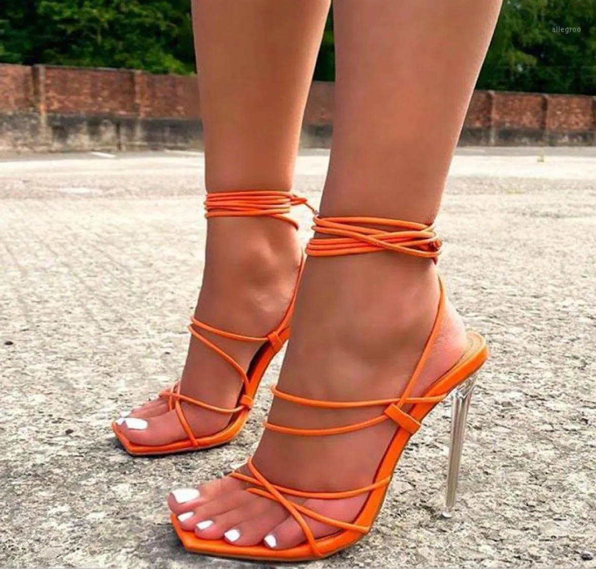 Summer Women Sandals Orange Narrow Band Square Toe Clear Thin High Heels Ankle Cross-strap Sandals Women Party Shoes19826514