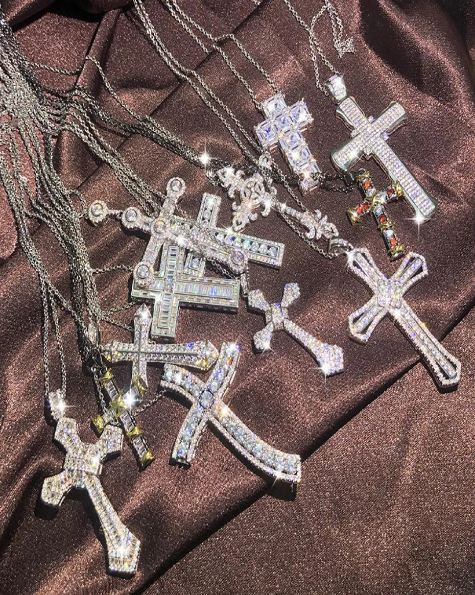 Fashion Mens Luxury Cross Necklace Hip Hop Jewelry Silver White Diamond Gemstones Pendant Women Halsband7124500
