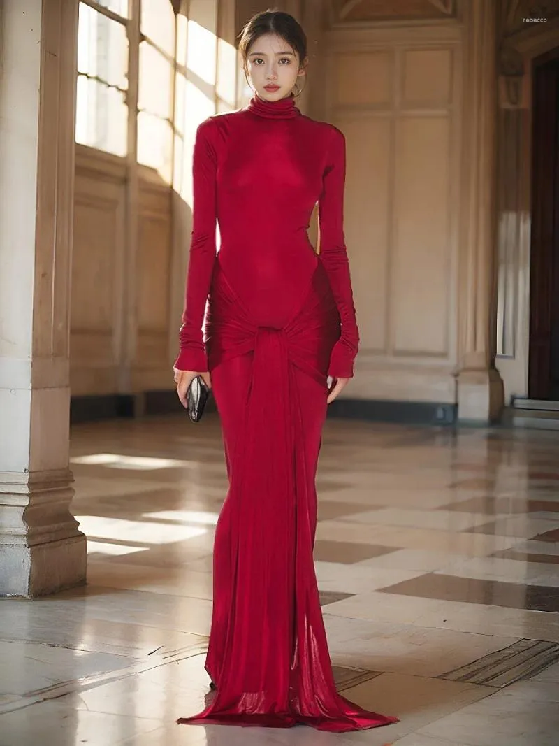 Casual jurken Elegant mode High Neck Maxi lange mouw Maxi voor vrouwen sexy rood vat ruches bodycon gebreide runway avond feestjurk