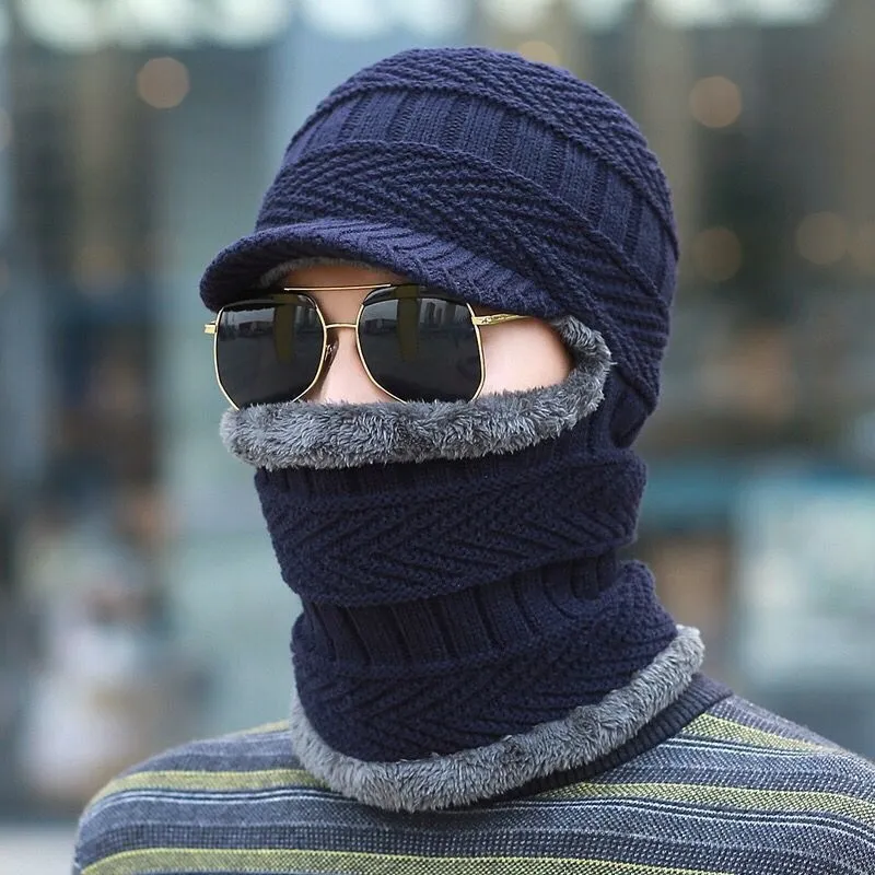 Winter Knitted Hat Scarf 2-in-1, Windproof Fleece Ski Mask for Men