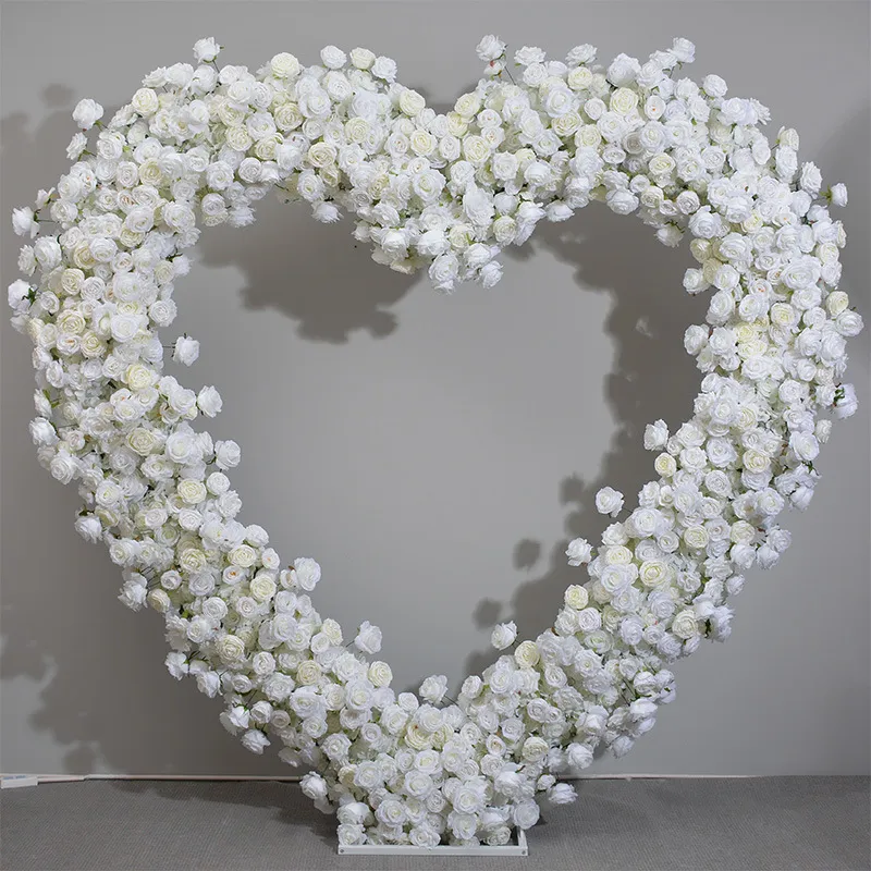 5D Luxury Pure White Rose Hydrangea Wedding Background Floral Arrangement With Love Heart Arch Frame Event Party Flower Stand