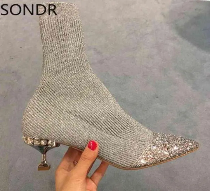 Kadın Sequins Rinestones Crystal Elmas Dikiş Örgü İplik Ayak Bileği Botları Ayakkabı Smipted Toe Stilettos Topuk Siyah Yeni 2022 Y223170669