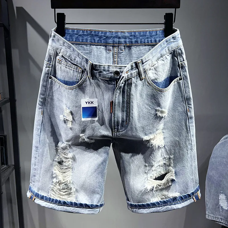 Sommer lose Männer zerrissene Shorts, nostalgische gerade kurze Jeans, hellblau, geeignet für 50-142 kg Männer