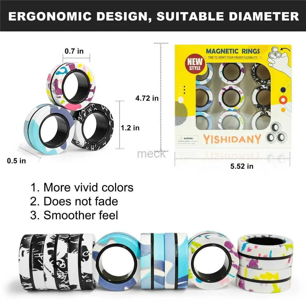 Decompressiespeelgoed 9 stks magnetische ring fidget spinner speelgoed set camo vingers magneetringen voor ADHD stressverlichting magisch speelgoed voor volwassenen tieners kinderen 240413