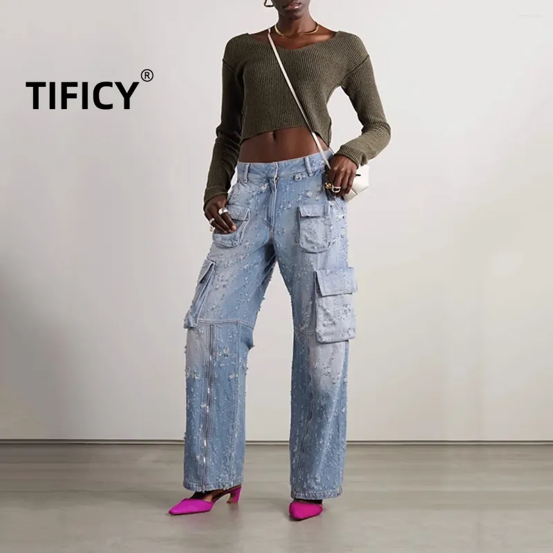 여자 청바지 tificy blue denim 바지 파괴적인 디자인 하이 허리 느슨한 찢어진 Jean Pant