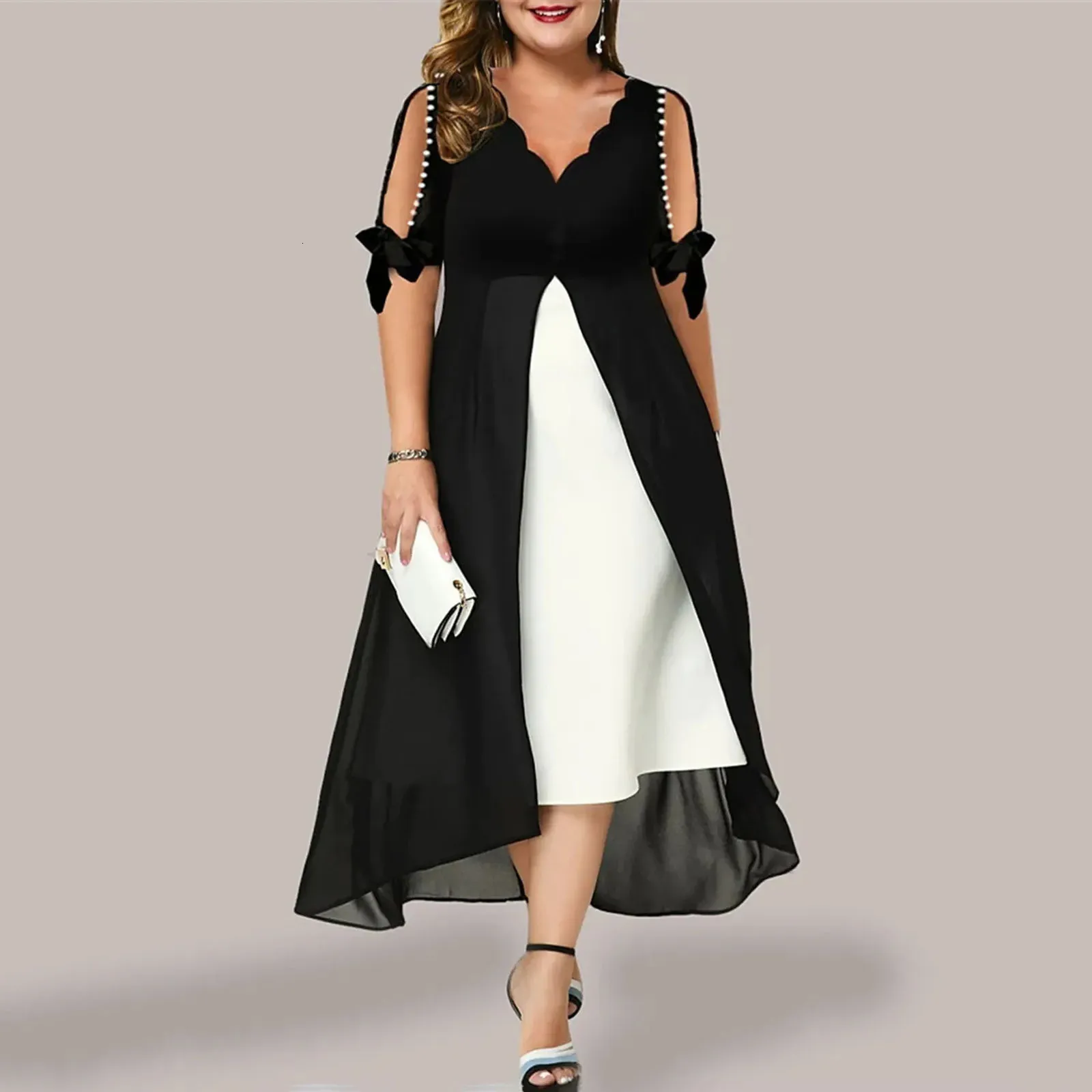 Mulheres vestir vestido vneck renda colar colar faux pérolas decoração de meia manga cor de retalhos de 2Pieces midi plus size 240411