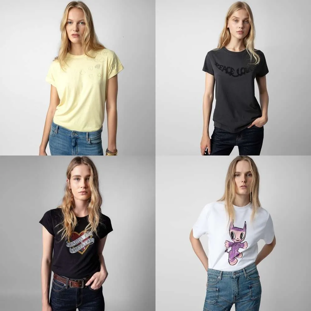 Nowy produkt Zadig Voltaire Designer Cotton T Shirt Slim Love Hot Diamond Rękaw Ziesione lniane koszulki plażowe Kobiety moda luźna okrągła szyja T-shirt T-shirt