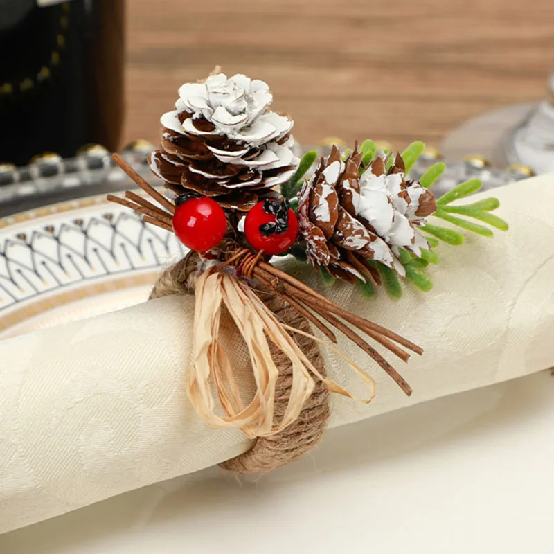 Christmas Napkin Rings Artificial Glitter Flower Pine Berry Napkin Buckle Wedding New Year Party Kitchen Table Decor