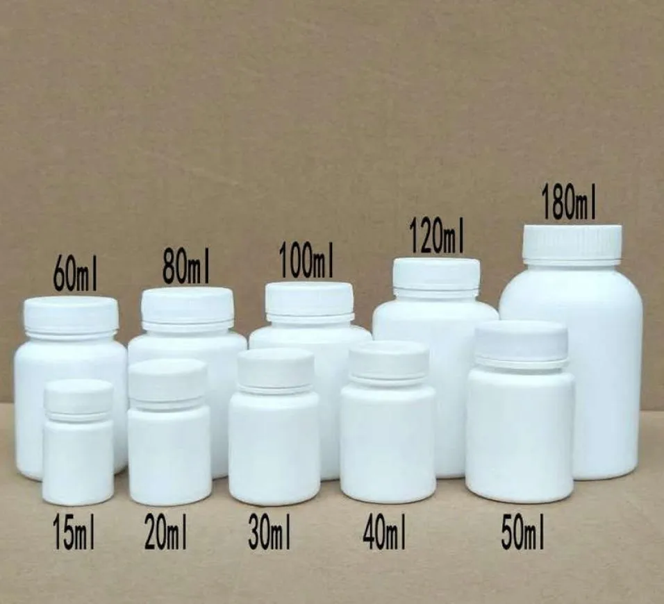 50 st 15ml20ml30ml60ml100 ml plast PE Vit tomt tätningsflaskor Solid Powder Medicine Pill Vias Reagent Packing Containers7788012