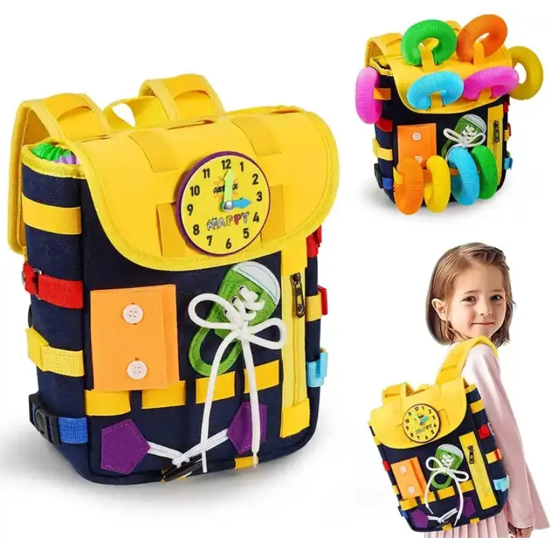 Montessori Busy Board a ressenti l'apprentissage du sac à dos pour les tout-petits Bank Baby Board Kids Educational Toys for Fine Motor Skill Development