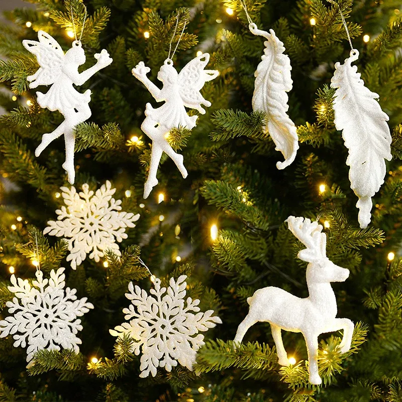 Christmas Tree Hanging Ornaments Snowflake Angel Deer White Pendants Navidad New Year Party Home Xmas Tree Decorations Kids Toys