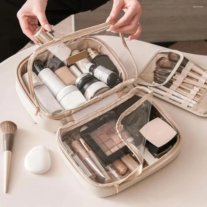 Aufbewahrungstaschen Make -up -Beutel Stilvoller wasserdichtes Reisetasche Doppelschicht Organizer mit Kapazität für tragbare Kunstlederkosmetik für Frauen