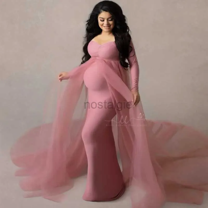 Robes de maternité Baby Shower Long Tulle Robe Slash Neck Maternity Photography Props Tulle Maxi Vanage enceinte Femme longue Robe 24412