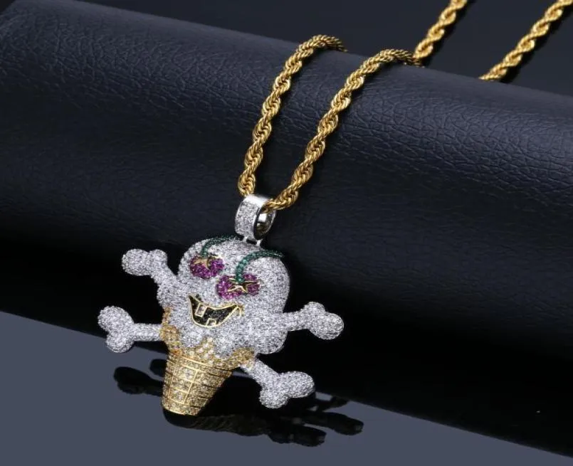 Iced Out Skull Ice Cream shape Pendant Necklace Cubic Zircon Ice Cream Pendant Necklace With Rope Chain3119323