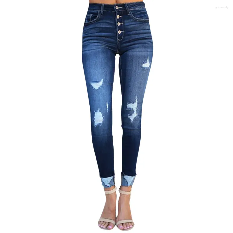 Dames jeans casual denim broek mode knop gescheurde rits pocket broek hoge taille afslanke push omhoog jeggings kleding