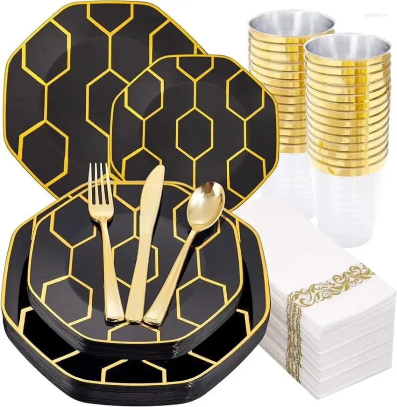 Disposable Dinnerware 175pcs Gold Black Year Party Pates Plastic Set- 25 Each For Dinner Plate Dessert Plates