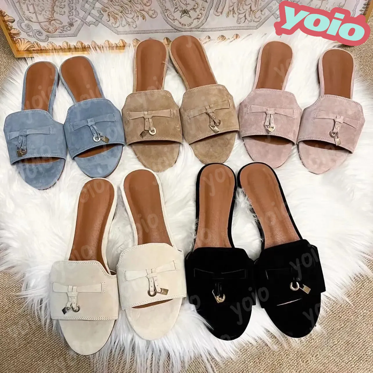 2024 New Sandals ladies suede leather top quality Sliders Mule Slipper Women Summer Fashion shoes classic Outdoor walk flat Casual shoe Slide loafer lps sandale