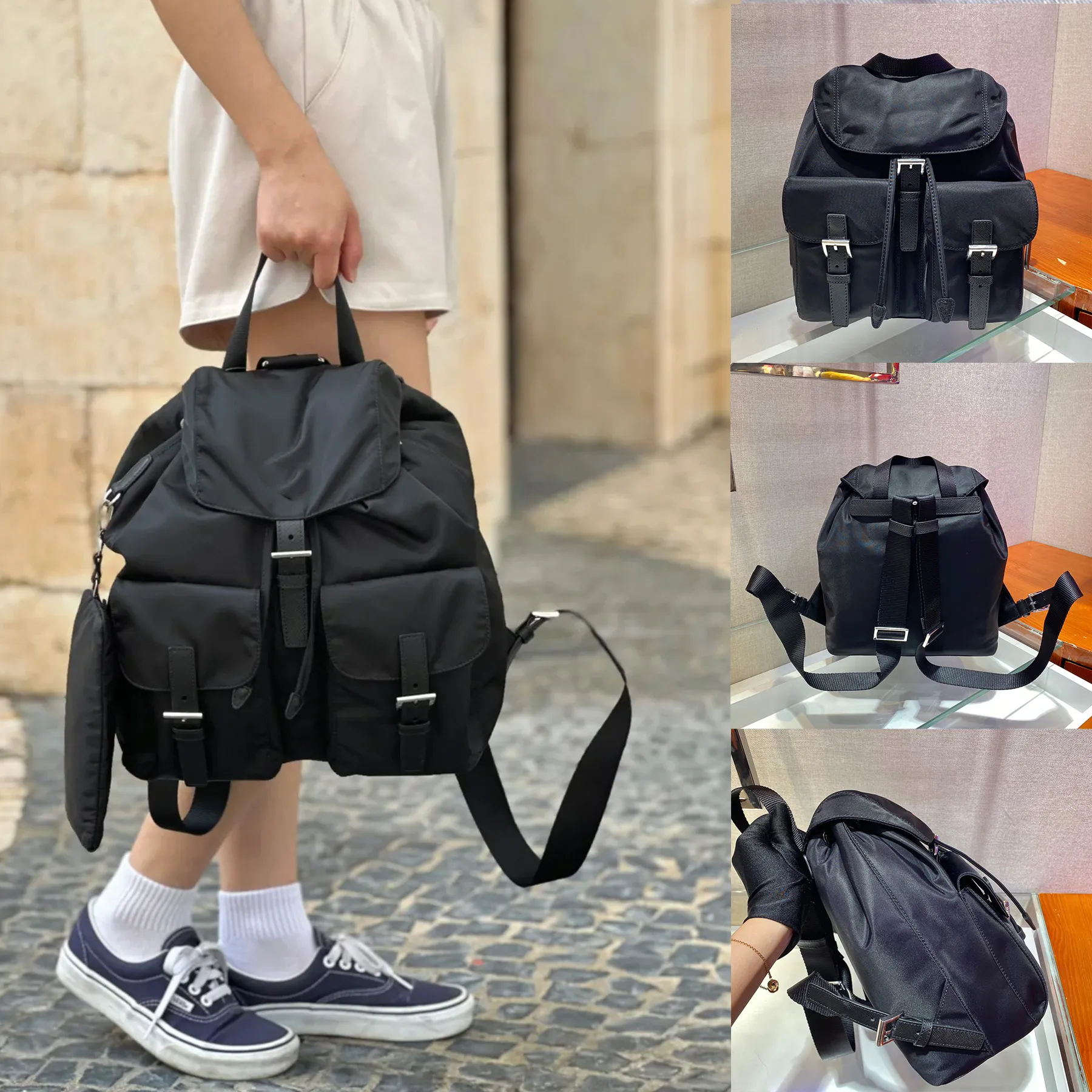 Top Quality 10A Re-Nylon Backpack Luxury Designer Classic Men Saffiano Adjustable Woven Nylon Straps Handbag Flap Enameled Metal Triangle Women Shoulder bag
