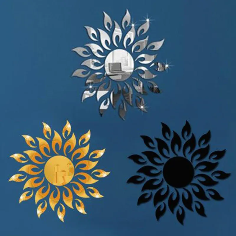 1 stuk 3D Mirror Sun Flower Art Verwijderbare muursticker Acryl Muurschildering Decal Home Room Decor