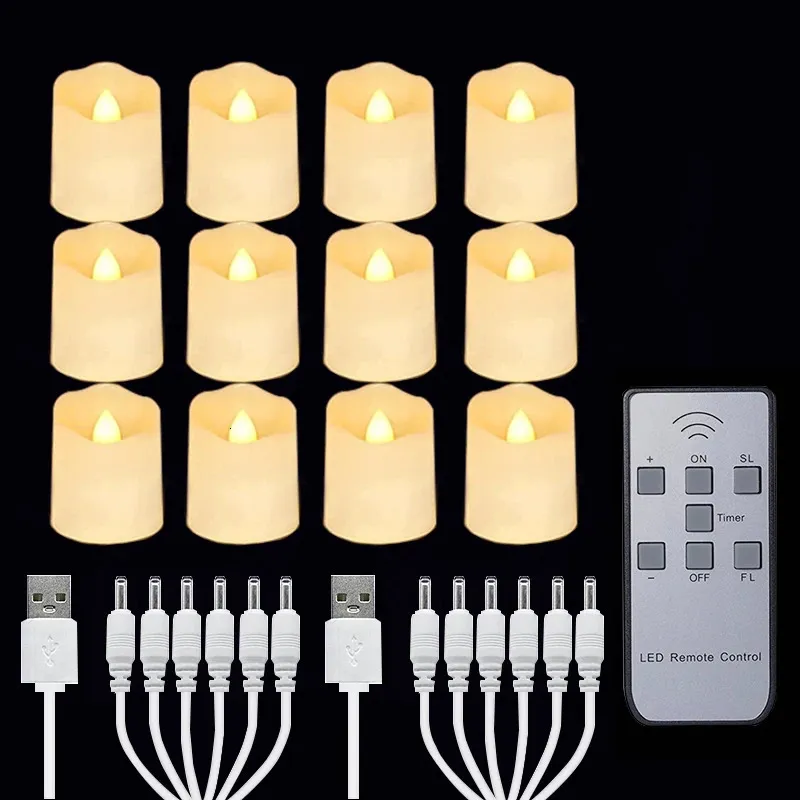 12 şarj edilebilir LED mum paketi alevsiz titreme tealight zamanlayıcı uzaktan 2 şarj kabloları ev dekoratif mum doğum günü 240412