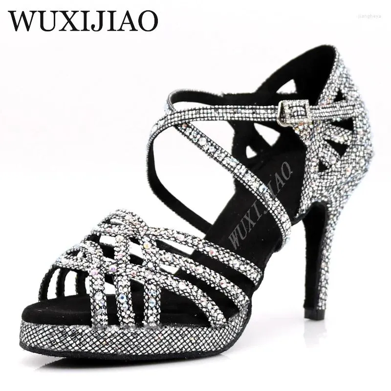 Chaussures de danse wuxijiao argent noir latin dames salsa strass de bal talon 5cm-10cm