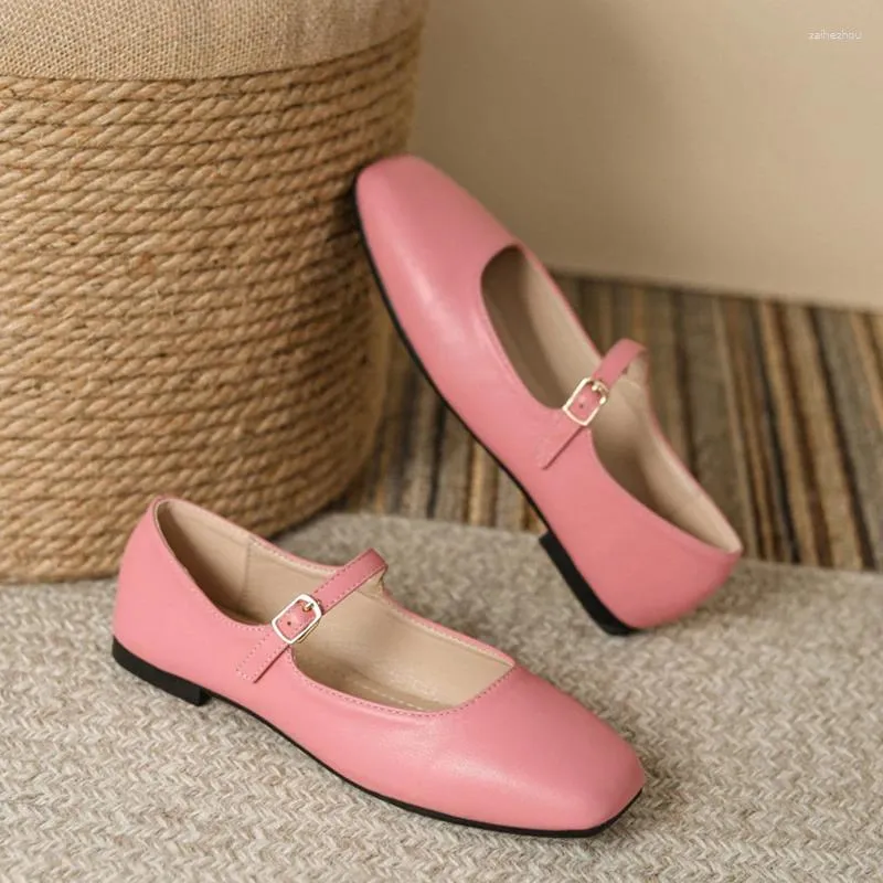 Casual Shoes Spring Autumn Pink Leather Mary Janes Flat Woman Square Toe Ankle Belt Lolita Female Ballet Flats Plus Size 43 44