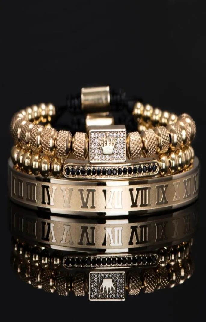 3pcSset Luxury Gold Royal King Crown Men Bracelets Bracelet numérique romain Design unique Traided Alivable Bangle Pulseira6390669