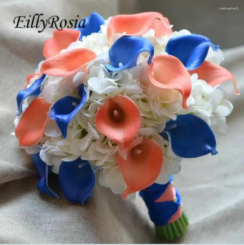 Wedding Flowers EillyRosia Royal Blue And Coral Calla Lily Bouquet For The Bride Real Touch Hydrangea Blumen