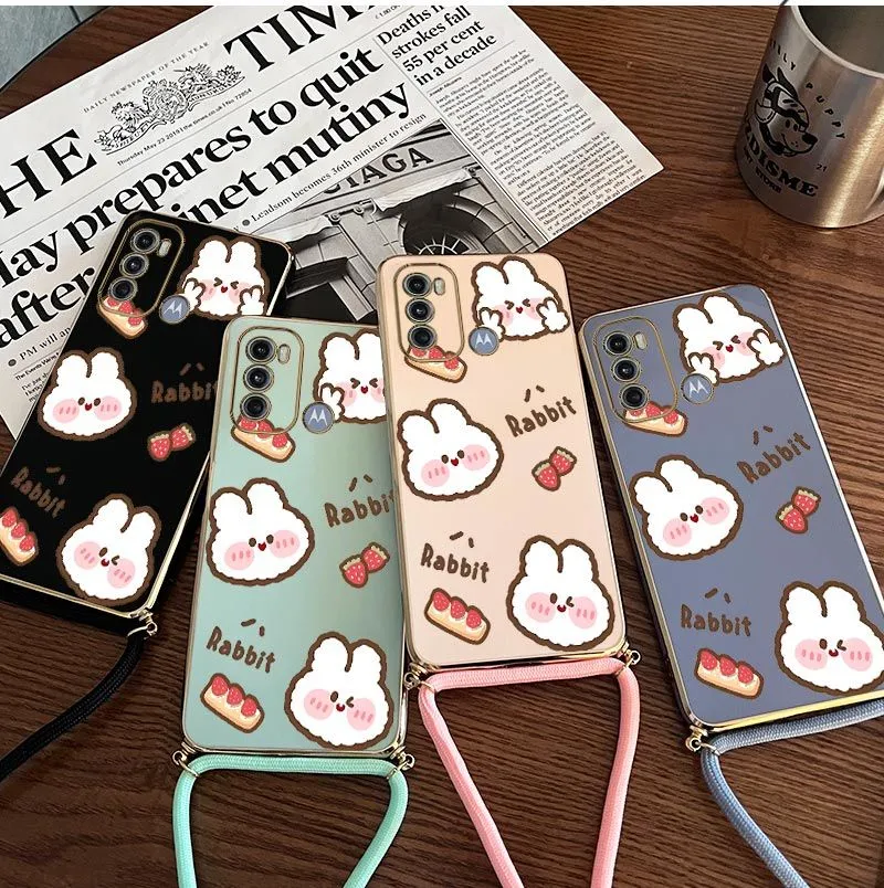 Rabbit Strawberry Lanyard Plating Phone Case For Motorola Moto G60 G50 ...