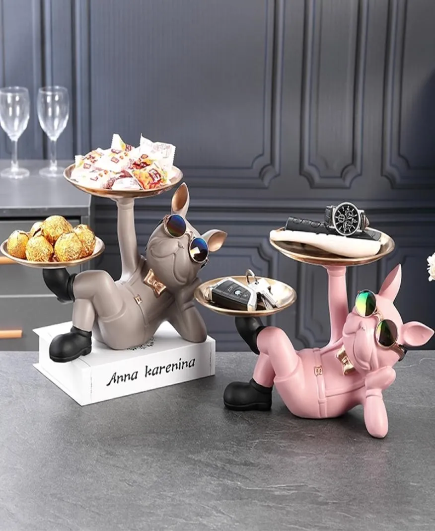 Resina cão estátua mortler com bandeja para mesa de armazenamento sala ao vivo ornamentos bulldog franceses Presente de artesanato decorativo 2205269259881