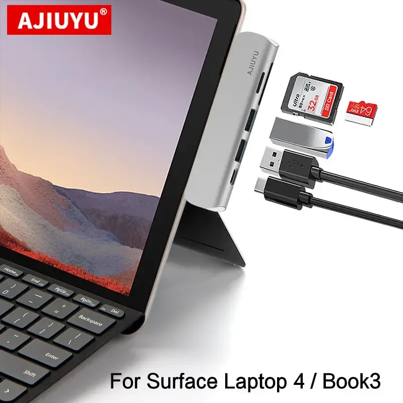 Hubs Ajiuyu USB C Hub para Microsoft Surface Laptop4 Livro3 Adaptador de dock TypeC USB 3.0 HDMI Port SD Reader Multi Docking Splitter