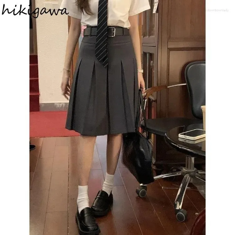 التنانير الصيفية نساء عالية الخصر A-Line Fashion jupe preppy Style Vintage Corean Bleate Skirt 2024 Faldas Mujer de Moda مع حزام