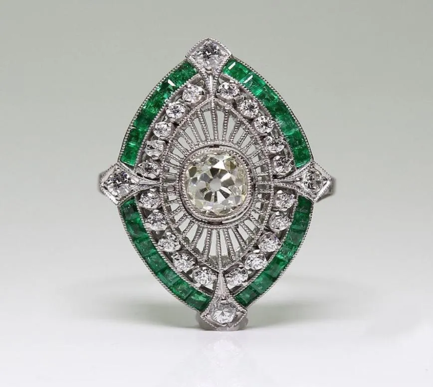 Antique Art Deco 925 Sterling Silver Emerald White Sapphire Floral Engagement Party Ring Size Anniversary Gift Day US 5 128788186