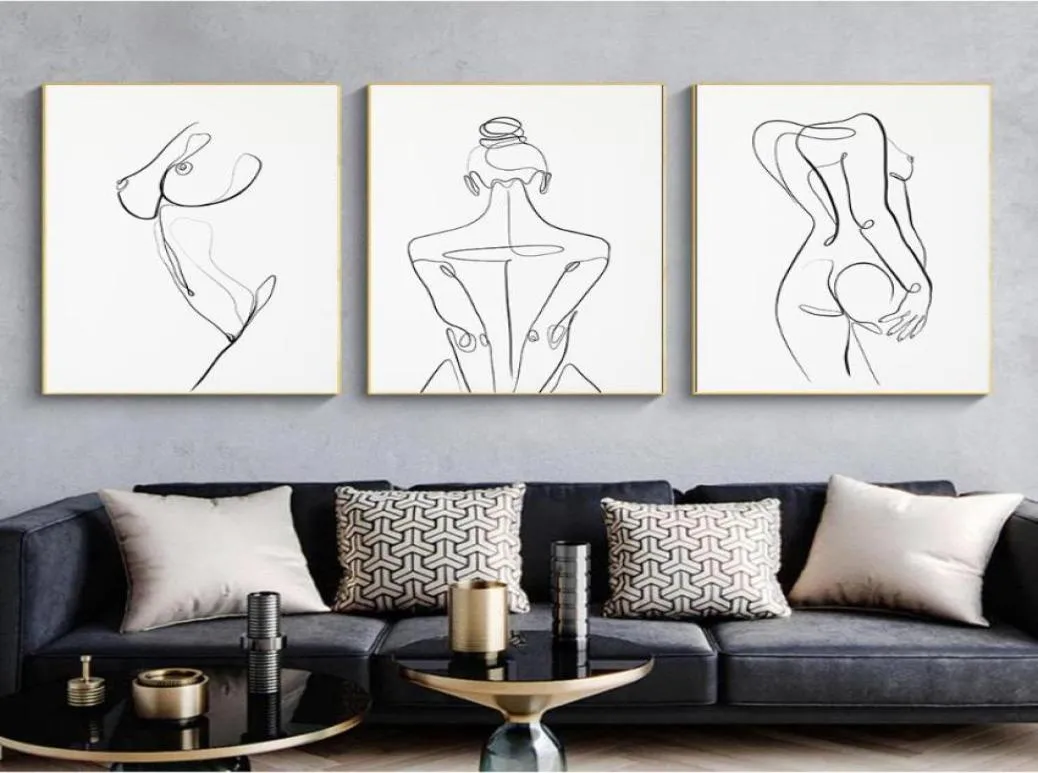 Corpo de mulher desenho de uma linha Pintura de tela abstrata feminina figura impressa nórdica minimalista pôster quarto decoração de parede pintura2588045