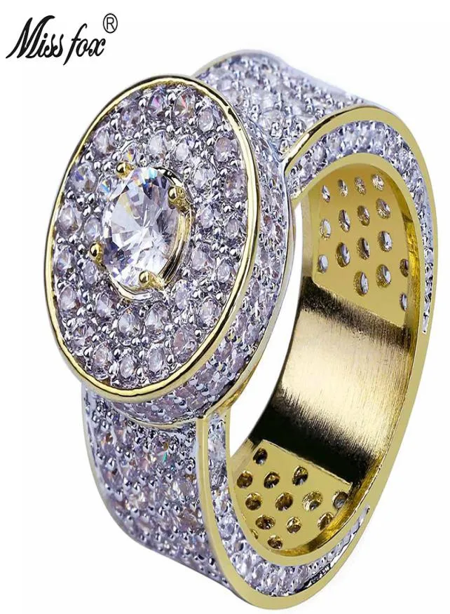 Hip Hop Classic 18K Gold Anneaux Men Sparkling Big Cubic Zirconia Ring Prong Full Diamond Micro Pave Men Bijoux5718550