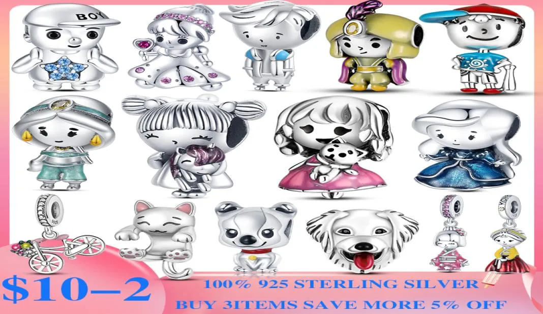 925 Sterling Silver Dangle Charm Little Girl Boy Charm Principessa Prince Dog Cat Beads perle Fit Charms Accessori per gioielli fai -da -te Bracciale 7865732