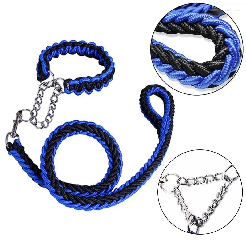 Dog Collars Double Strand Soft Nylon Neck Collar Leash Durable Pet P Metal Chain Walking Lead Rope Belt Accessories