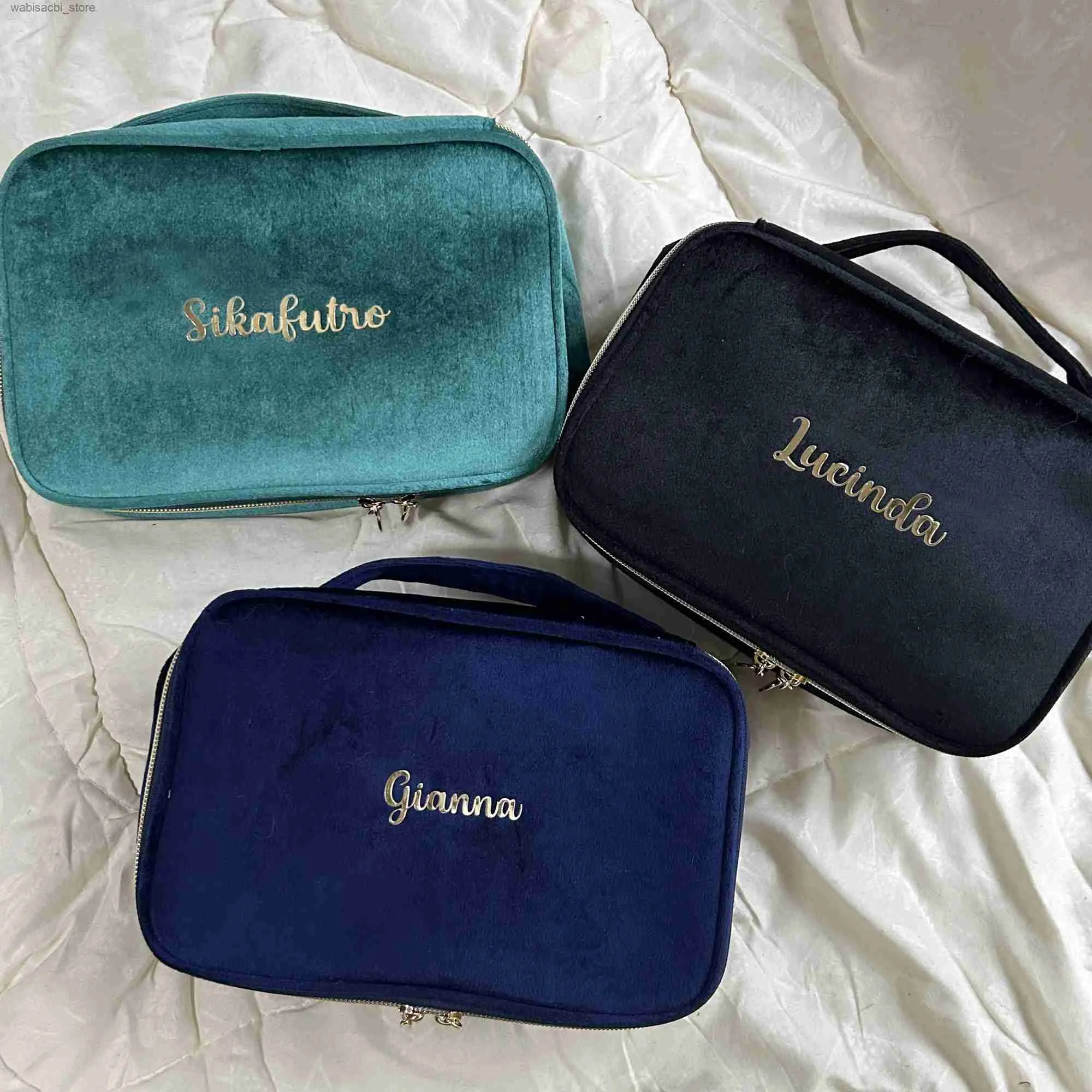 Cosmetic Bags Velvet Cosmetics Bag Top Handle Travel Large Capacity Brushes Suede Makeup Vanity Case Custom Initials Name Gift L49