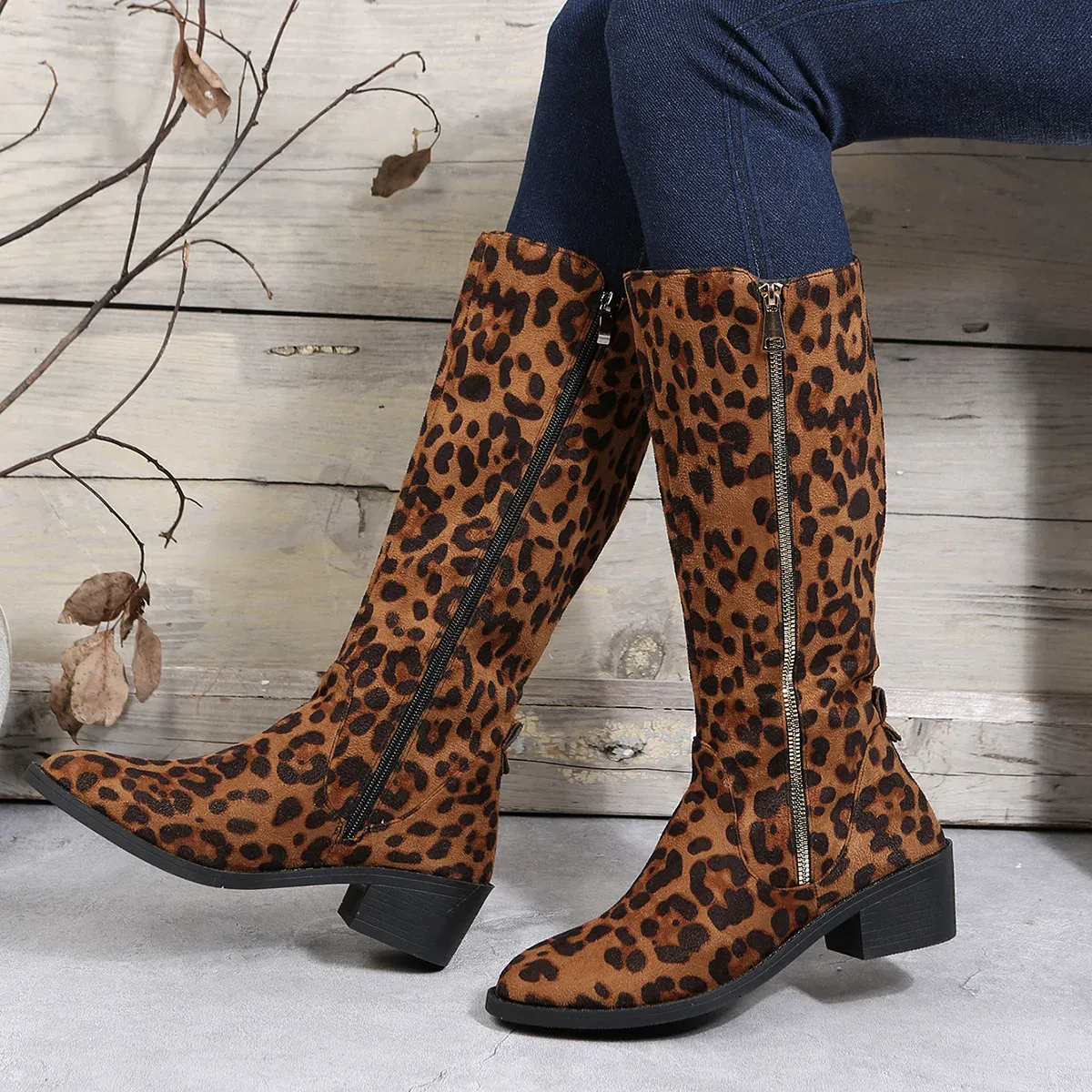 Women's Leopard High Platform Boots, Brown Mid-Calf Riding Cowboy Boots ...