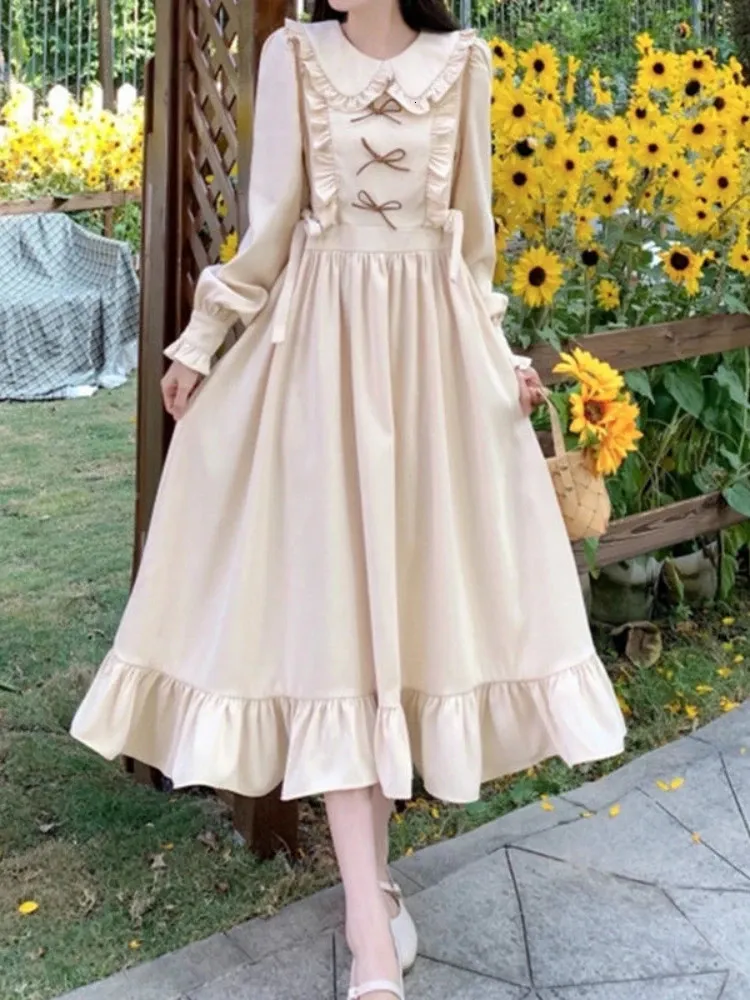 Houzhou Vintage Preppy Style Dress Women Women Women Korean Fashion Ruffles Patchwork Bow Spring Spring Sleeve Dressos soltos 240412