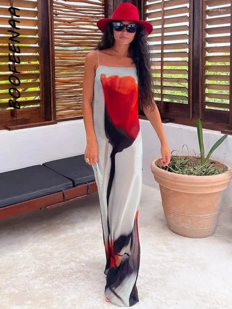 カジュアルドレスブーフィーナのフローラルプリントシフォンシースルー女性のためのマキシ2024サマービーチ衣装
