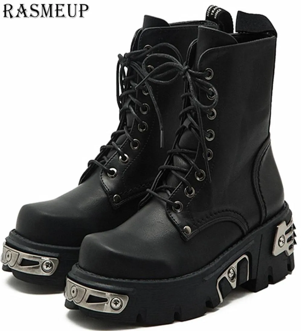 Rasmeup 6cm Punk Style Platform Women Ankle Boots Women039s Motorcykel Boot Fashion Ladies Chunky Shoes Metal Decor Black 201108915284740